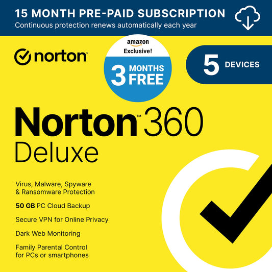 Norton 360 Deluxe 2024, Antivirus software for 5 Devices with Auto Renewal – 3 Months FREE – Includes VPN, PC Cloud Backup & Dark Web Monitoring [Download]